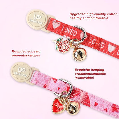 Cat Collar, 2 Pack Cat Collars Cute Breakaway Kitty Collar with Bell, Valentine's Day Kitten Collars Pink Hearts with Safety Buckle for Girl and Boy Cats