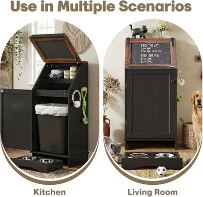 Flip-Top Dog Feeding Station, Dog Food Cabinet with Storage, Dog Food Station with Hidden Feeding Bowls, Pet Storage Cabinet, Dog Storage Organizer, Pet Food Holder, Black Oak Grain