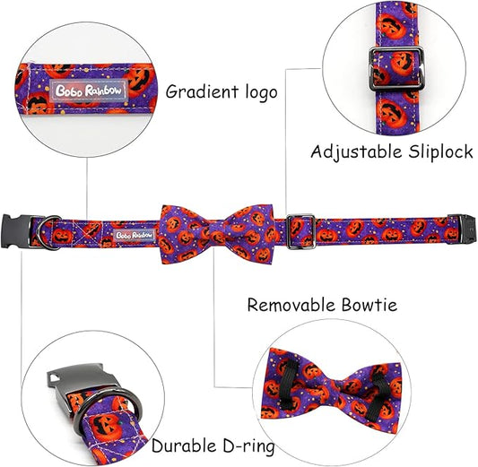 Dog Collar - Halloween Pumpkin Bowtie Pet Collar Gift Soft Bow Collar Pet Adjustable Metal Buckle Puppy Collars for Small Dogs