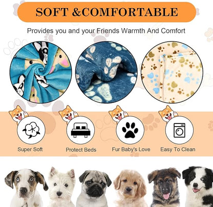 Rezutan Premium Dog Blankets for Large Dogs & Cat Flannel Blanket Washable, Soft Pet Throw Cover for Kennel Crate Bed, Cute Paw Pattern,41x31 inch, Blue/Beige/Navy Blue