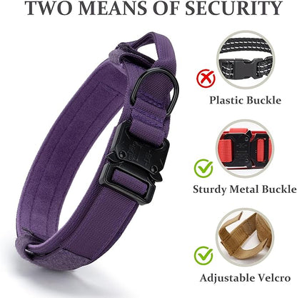 Tactical Dog Collar, Adjustable Military Training Nylon Dog Collar with Control Handle and Heavy Quick-Release Metal Buckle for Small Medium Large Dogs, Purple L