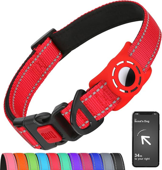 Airtag Dog Collar with AirTag Holder for Small Dogs, Reflective, Soft Padded & Safety Locking Buckle, Nylon Pet Collars Adjustable for All Breeds, Red,S