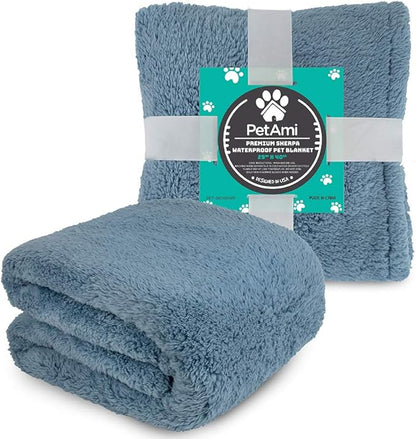 PetAmi Fluffy Waterproof Dog Blanket for Small Medium Dogs, Soft Warm Pet Sherpa Throw Pee Proof Couch Cover, Reversible Cat Puppy Bed Blanket Sofa Protector, Plush Washable Pad (Dusty Blue, 29x40)