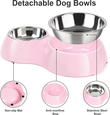 Elevated Dog Bowls Set - Non-Slip Raised Pet Feeder with Medium (10 oz) & Large (20 oz) Stainless Steel Bowls - Includes Durable Resin Stand for Corgi Puppies and Adult Cats - Pink