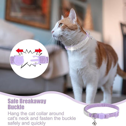 EXPAWLORER Soft Velvet Safe Cat Collars for Girl Cats - Rhinestones Adjustable Collars Breakaway- Chirstmas Cat Clollar Gifts with Bells for Boy Cats Kitty and Small Dogs(XS,Purple)
