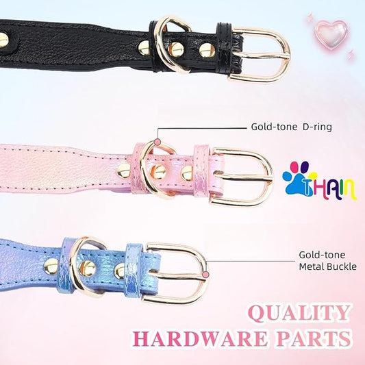 THAIN Fashion Dog Collar with Bling Diamonds & Heart Charm – 5 Holes Adjustable PU Leather Rhinestones Necklace Collar, Gold Buckle for Small Medium Dogs boy (Blue, S)