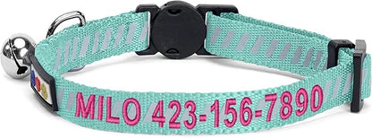 Pawtitas Personalized Teal Reflective Cat Collar – Adjustable Custom Collar with Safety Buckle, Removable Bell, and Engraved Name & Phone Number for Kittens and Adult Cats