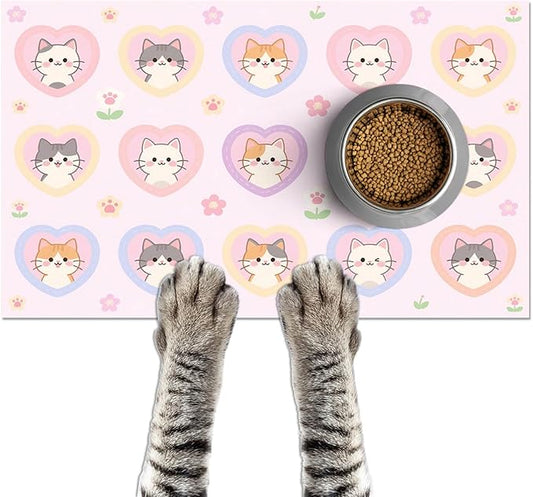 Cat Feedings Mats 20x12 inch Pink Heart Kitten Print Pet Bowl Placemat Non Slip Mat for Cats Food and Water Indoor Kitty Feeding Station Cute Cats Meal Mat for Small Pets Kitchen Floor Use