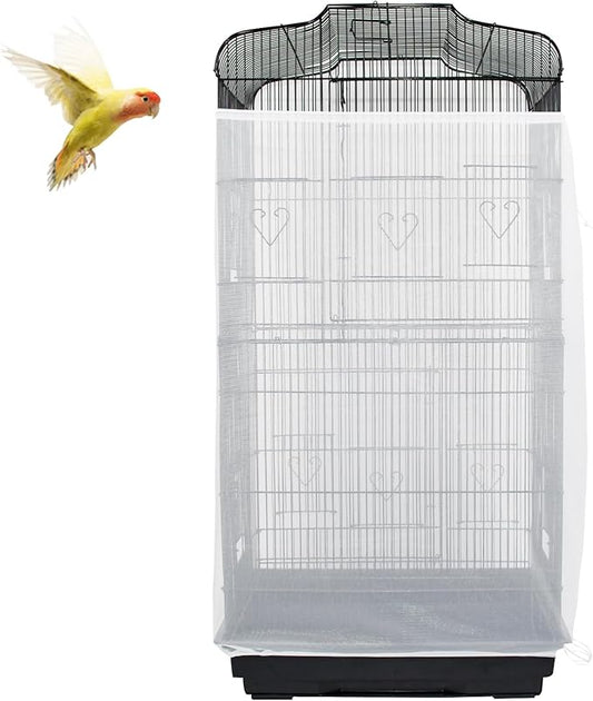 ASOCEA Large Bird Cage Seed Cather,Bird Cage Cover Adjustable Soft Airy Skirt Guard Birdcage Nylon Mesh Net for Parrot Parakeet Macaw African Round Square Cages Cover (78.5 * 27.6in-White)
