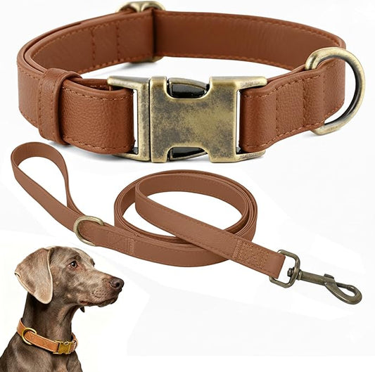 Dog Collar and Leash Set,Leather Silicone Waterproof Odor-Proof Dog Collar and Leash for Medium Dogs, Soft Flexible Dog Collars, Durable Thick Adjustable Pet Collar (Brown, Medium (11.5-18.5" Neck))