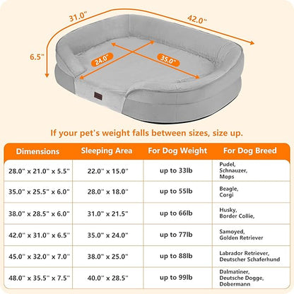 Dwanton Orthopedic Dog Bed for Large Dogs with Gel Memory Foam, Waterproof Dog Sofa, Washable Pet Bed with Four Sided Bolster Cushion, Removable Cover & Non-Slip Bottom, 42", Light Gray