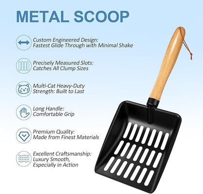 Cat Litter Scoop, Metal Litter Scoop, Heavy Duty Metal Cat Scooper for Litter Box, Black Sifter Scoop for Pellets, Wooden Handle Scoop with Hole, Kitty Necessity (5.5" Handle with Holder)