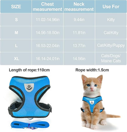 shudyear Summer cat Chest Harness and Leash, Anti-Escape Adjustable Soft mesh cat Leash and Chest Harness Set for All Types of Cats cat Vests (Size L, Sky Blue)