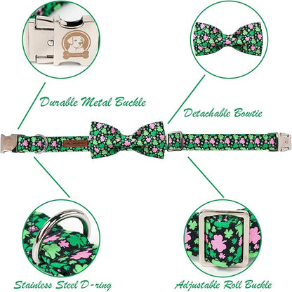 MR. CHUBBYFACE St.Patrick's Pink Green Clover Dog Collar with Bowtie, Cute Clovers Shamrock Metal Buckle Dog Collar, Adjustable Shamrock Pet Collar with for Small Medium Large Dogs