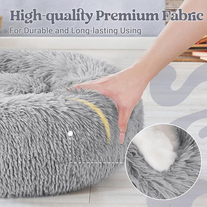 rabbitgoo Dog Bed for Small, 24 inches Machine Washable, Fluffy Donut Pet Bed Anti-Slip, Calming Soft Plush Round Cushion, Fits up to 18 lbs Pets, Light Grey