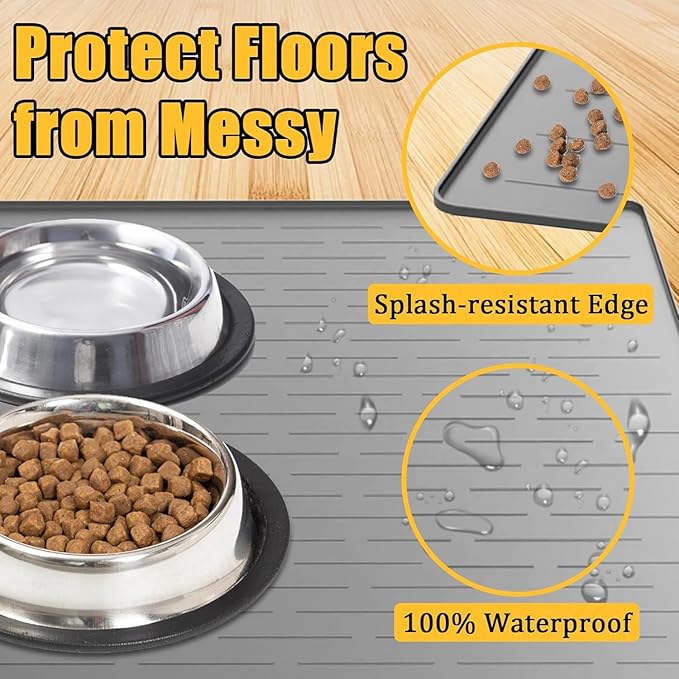51.2"x25.6"(130cm×65cm) Largest Dog Food Mat, XXXXL Silicone Dog and Cat Mat for Food and Water Bowls, Thinken Waterproof Non-Slip XXXL Pet Feeding Mat for Floors, Light Gray