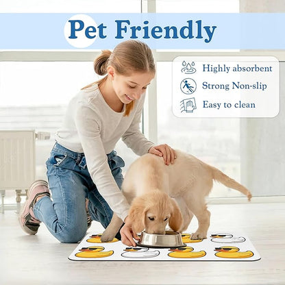Cute Ducks Glasses Pet Feeding Mat for Floors–Christmas Stocking Absorbent Quick Dry Dog Cat Bowl Mat for Food and Water, Non Slip Waterproof Base, Mess-Free Feeding Accessories 16"x24"