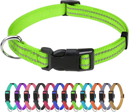 TagME Reflective Nylon Dog Collars, Adjustable Classic Collar with Quick Release Buckle for Puppy, Green, 3/8" Width