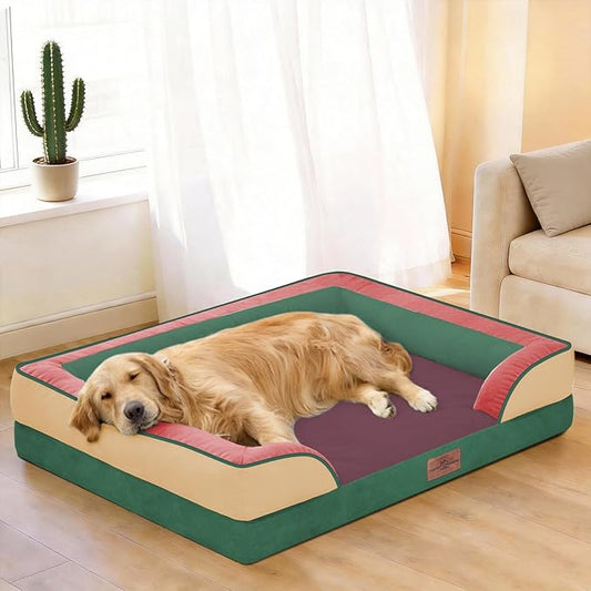 Comfort Expression Orthopedic Dog Bed for Large Dogs 36x27 Inch, Waterproof Egg Crate Foam Large Pet Bed with Removable Bolsters, Dog Couch with Washable Cover & Non-Slip Bottom, Watermelon Meadow