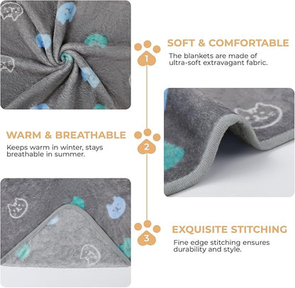 1 Pack 3 Blankets Super Soft Fluffy Premium Cute Cat Pattern Pet Blanket Flannel Throw for Dog Puppy Kitten Blue/Cyan/Grey Small(23x16 inch)