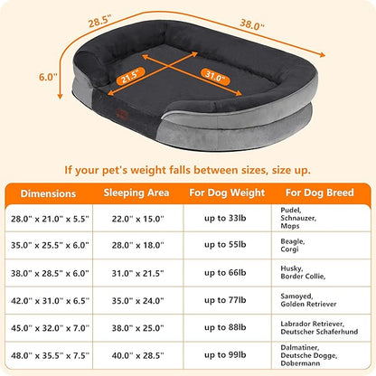 Dwanton Orthopedic Dog Bed for Large Dogs with Gel Memory Foam, Waterproof Dog Sofa, Washable Pet Bed with Four Sided Bolster Cushion, Removable Cover & Non-Slip Bottom, 38", Dark Gray