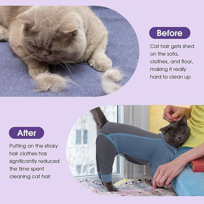 SUNFURA Hair Sticky Cat Clothes, Cat Sweater for Cats Only, 4-Legged Fleece Sweaters Kitten Pajamas Reduce Shedding Fur, Warm Pullover Shirts for Cats, Blue XL