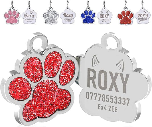 EDSG Cat Dog Tags Personalized for Pets, Dog Name Tags Cat Name ID Tag, Engraved Dog Tags Dog ID Tags Small Glitter Bling ID Tag Paw Print for Cat Pet Dog Puppy(Red,Design 3)
