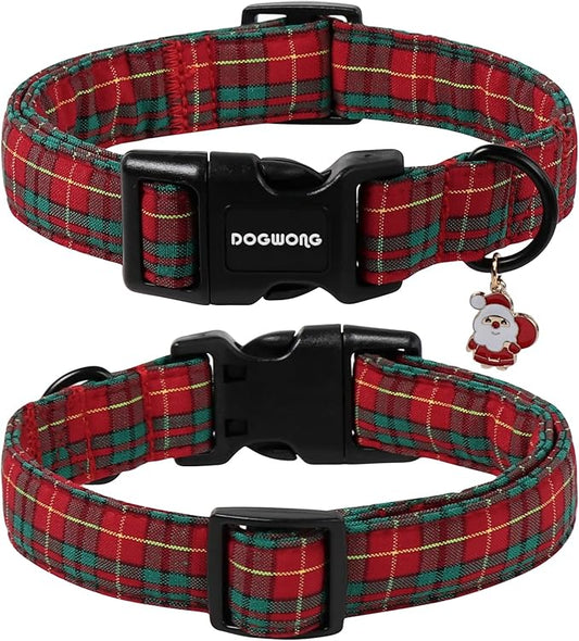 DOGWONG Christmas Plaid Dog Collar, Cute Adjustable Red Tartan Collar, Scottish Red Grid Dog Collar with Strong Plastic Buckle for Small Medium Large Dogs,L