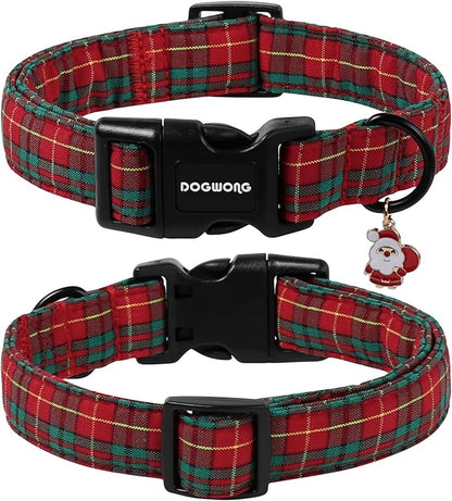 DOGWONG Christmas Plaid Dog Collar- Adjustable Red Tartan Collar, Scottish Red Grid Dog Collar with Strong Plastic Buckle for Small Medium Large Dogs,S