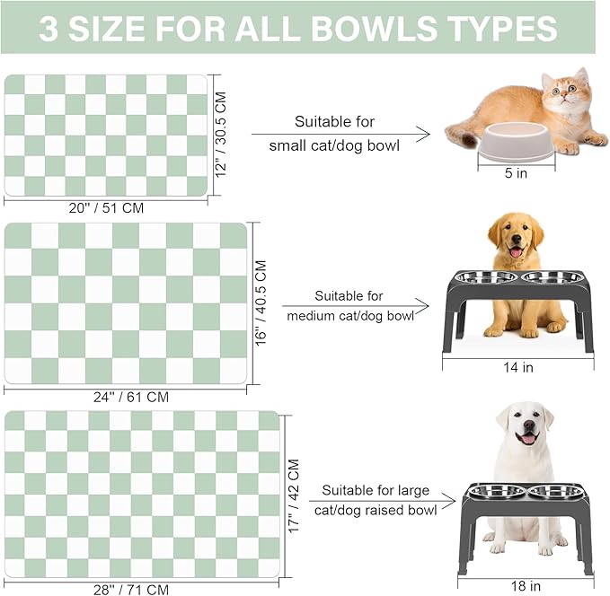 Cat Food Mat - 12"x 20" Cat Dog Mats for Food and Water Bowl, Checkered Pet Placemat Feeding Mat, Non-Slip Under Pet Bowls Mats for Messy Drinkers, Green & White