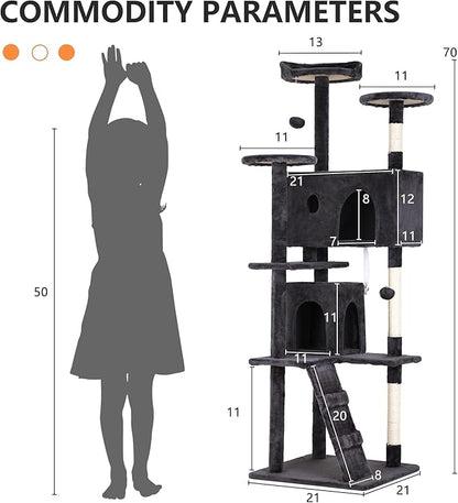 70 Inch Dark Gray Cat Tree, Tall Cat Tower with 2 Condos, 3 Scratching Posts, Multi-Level Platforms - Sturdy Climbing Structure Tall Cat Tower for Indoor Cats