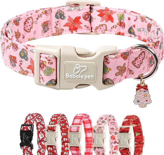 Christmas Dog Collar - Cute Pink Cozy Christmas Puppy Collar with Safety Buckle, Soft Adjustable Holiday Dog Collars for Small Medium Large Dogs S