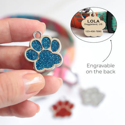 Paw Shape Dog ID Tag Stainless Steel Custom Laser Engraved, Cute Bling Glitter Pet Name Tags Personalized with Durable Engraving (Silver Sparkly Paw)