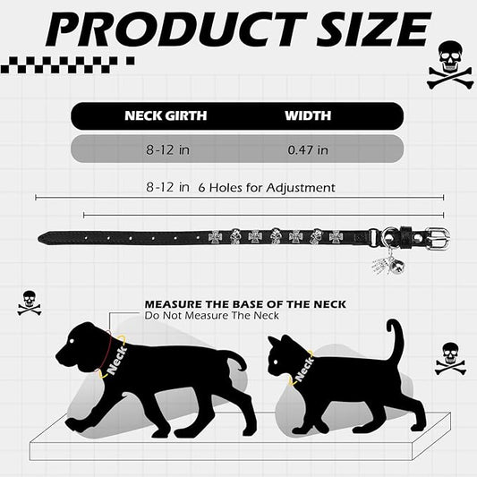 EXPAWLORER Cat Collar for Girl Boy Cats - Adjustable Leather Pet Collar with Safety Elastic Belt,Personalized Punk Accessories Buckle Collars with Bell & Durable D-Ring, Skull(Black)