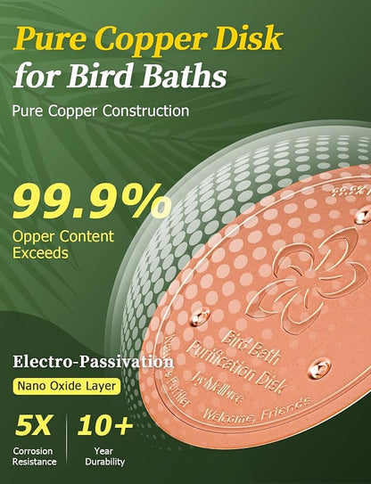 Mellbree 3-Pack Bird Bath Copper Disk, 0.6mm Reinforced 99.99% Pure Copper Cleaning Disk with Triple-Point Support for Physical Safe Clean Water All-Season (Flower)