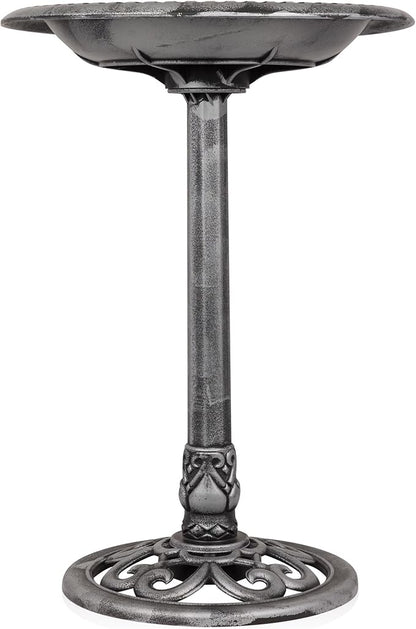 Alpine Corporation TEC116GR Outdoor Pedestal Birdbath w/Scrollwork Base and Stakes, Elegant Birdbath for Garden, 28" H, Gray