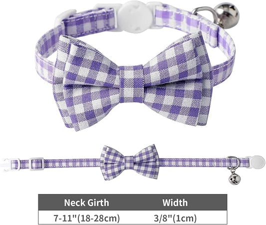 AIITLE Breakaway Cat Collar with Cute Bow Tie and Bell, Detachable Adjustable Safety Collars for Girl Cats and Boy Cats, Kittens, Puppy, Soft Stylish Plaid Patterns Cat Collars,Purple