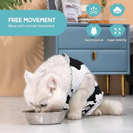 Avont Cat Recovery Suit - Kitten Onesie for Cats After Surgery, Cone of Shame Alternative Surgical Spay Suit for Female Cat, Post-Surgery or Skin Diseases Protection -Cow(M+)