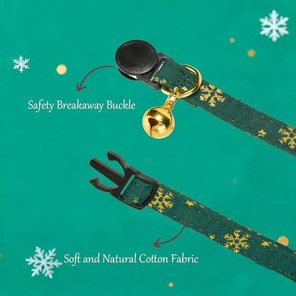 Bunny Ear Christmas Bowtie Cat Collar with Bell 2 Pack Cotton Breakaway Snowflakes Holiday Kitten Collars(Red+Green)