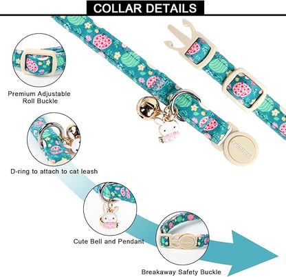 Lionet Paws 2pcs Pack Easter Cotton Cat Collar,Breakaway Buckle with Rabbit and Floral Eggs Cute Adjustable Green Cat Kitten Collar,Ideal for Girl Cats Boy Cats