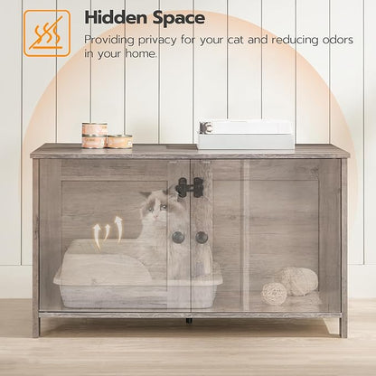 HOOBRO Litter Box Enclosure, Cat Litter Box Furniture with Removable Divider, Large Hidden Litter Box Furniture, Wooden Cat House, End Side Table, 31" L x 17.5" W x 19.7" H, Greige BG03MW01G2