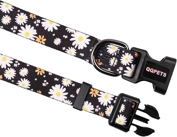QQPETS Adjustable Soft Dog Collar: Print Flower Pink Multicolor Cute Patterns for XS Small Medium Large Pet Girl Boy Puppy Walking Running Training (L, White Daisy)