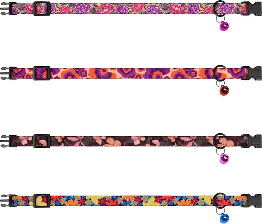 4PCS Breakaway Cat Collars with Bell - Cute Soft Adjustable Safety Kitten Collars 4-Pack - Nylon Pet Collars Nature Tribal Striped Floral Space Aztec Flowers Print (Floral)