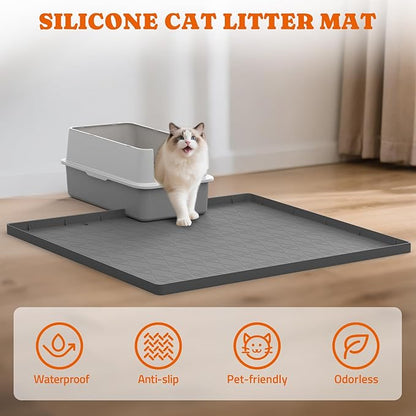 Pawtners Large Cat Litter Mat for Litter Box 2 Packs, 34" x 22" Waterproof Silicone Pad for Floor, Easy to Clean, Gray