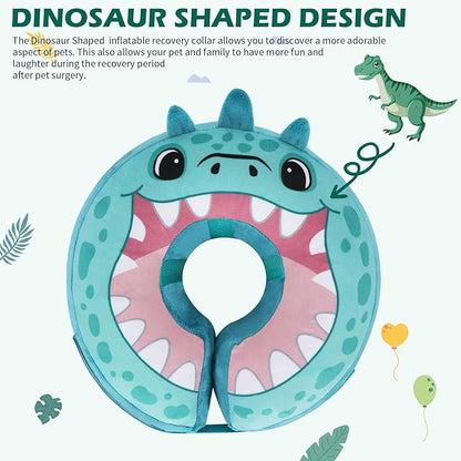 IEUUMLER Inflatable Recovery Dog Collar, Protective Donut Cone, Adjustable Soft Collar for Dog and Cat After Surgery Prevent from Biting & Scratching EU002 - Teal Dinosaur M