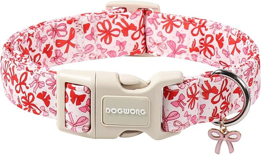 DOGWONG Cute Dog Collar, Pink Bow Pattern Dog Collar, Girl Female Dog Collars with Strong Plastic Buckle for Small Dogs,XS