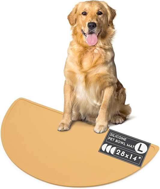 Should We Go - Waterproof Silicone Pet Food Mat - Non-Slip, Spill-Proof Feeding Mat for Floors, Raised Edge Design, Easy-to-Clean, Rubber Pad for Dog & Cat Bowls, 28" Across x 14" Deep, Large-Honey