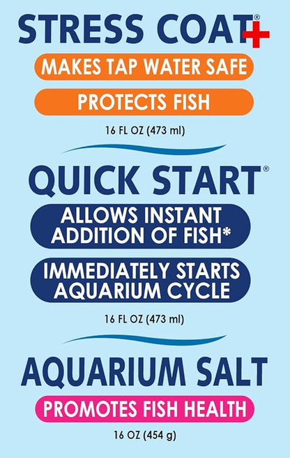 API Aquarium Starter Bundle Pack: One (1) API QUICK START 16 oz., one (1) API STRESS COAT 16 oz., one (1) API AQUARIUM SALT 16 oz.