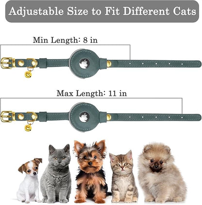 OOPSDOGGY Reflective Leather AirTag Cat Collar with Bell - Non Breakaway Adjustable Pet Collar with Apple Air Tag Holder - Lightweight GPS Kitten Collars for Small Dogs Puppy (Denim)