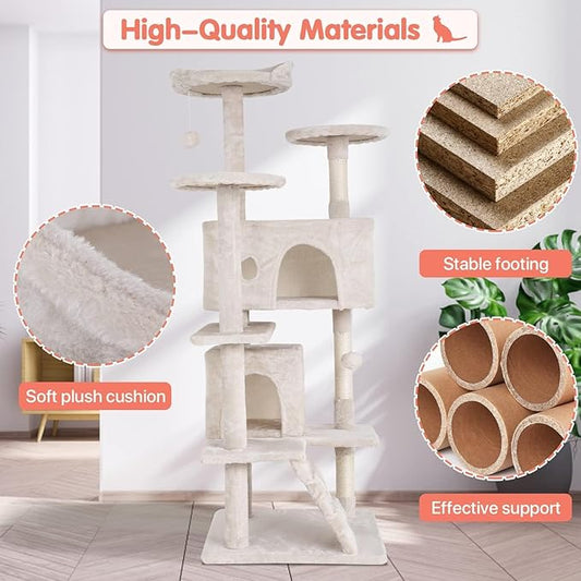 54in Cat Tree Cat Climbing Tower with Scratching Post, Cats House Perch Kitten Tree Condo Wood Playhouse, Pet Trees Tower for Indoor Cats, Beige